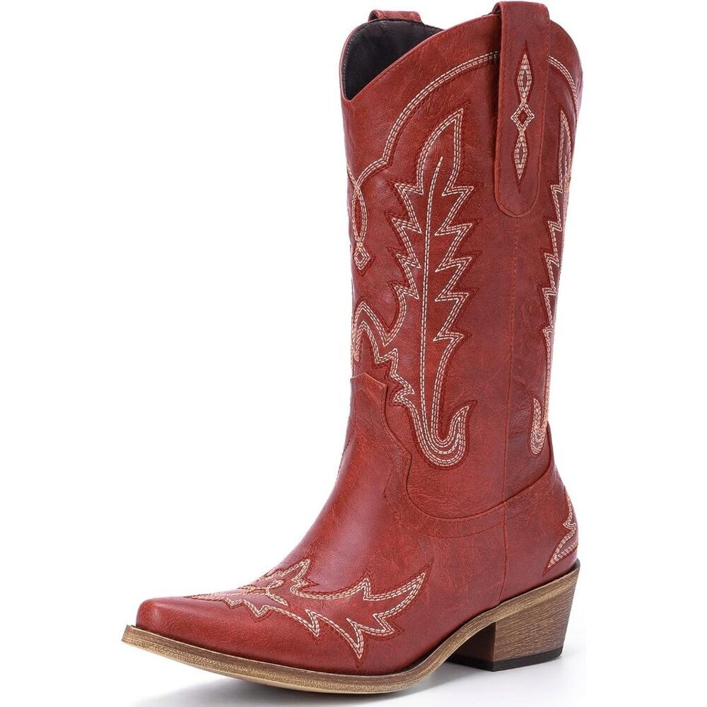 Women's Red Cowgirl Embroidery Chunky Heel Pointed Toe Pull-on Mid Calf Boots